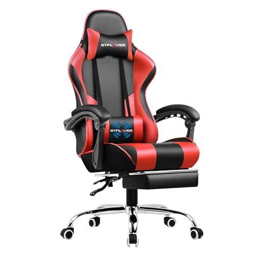 GTPLAYER Gaming Chair, Computer Chair with Footrest and Lumbar Support, Height Adjustable Game Chair with 360°-Swivel Seat and Headrest and for Gaming (Red)