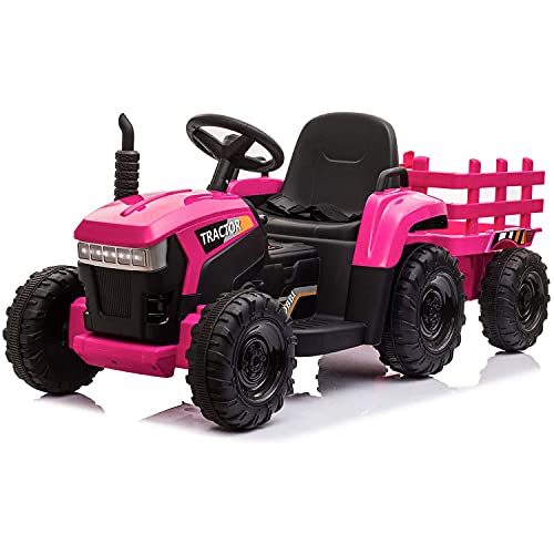 TOBBI 12v Battery-Powered Toy Tractor with Trailer and 35W Dual Motors,3-Gear-Shift Ground Loader Ride On with LED Lights and USB Audio Functions in Rose Red