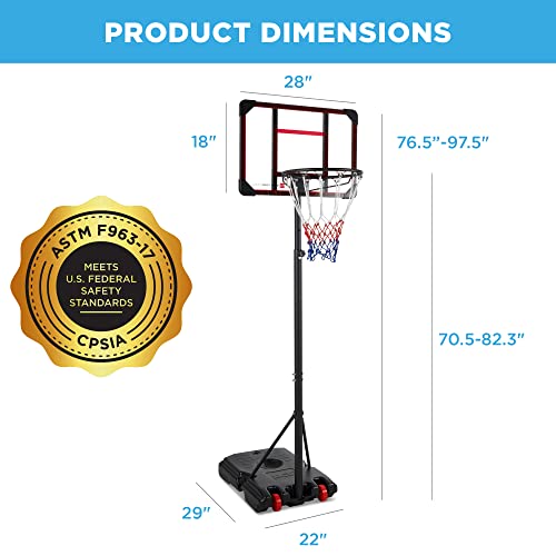 Best Choice Products Kids Height-Adjustable Basketball Hoop, Portable Backboard System w/ 2 Wheels, Fillable Base, Weather-Resistant, Nylon Net, Adjusts from 70.5in to 82.3in - Clear