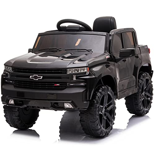 Kidzone 12V Battery Powered Licensed Chevrolet Silverado Trail Boss LT Kids Ride On Truck Car Electric Vehicle Jeep with Remote Control, MP3, LED Lights - Black