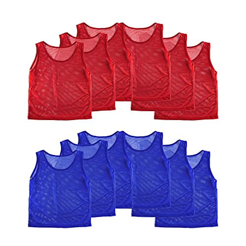 Super Z Outlet 12-Pack Nylon Mesh Team Practice Jerseys for Youth Sports (Red/Blue)