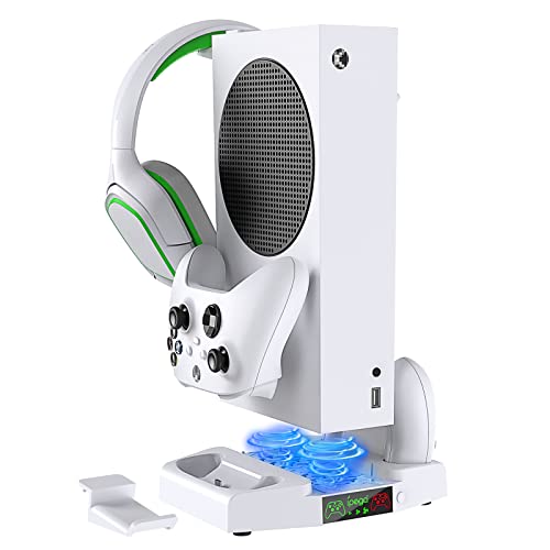 Vertical Cooling Stand with Suction Cooling Fan& Dual Controller Charger Station for Xbox Series S, Cooling Station with 3 Levels Adjustable Fan Speed Cooling System, Headset Stand and Extra USB Ports