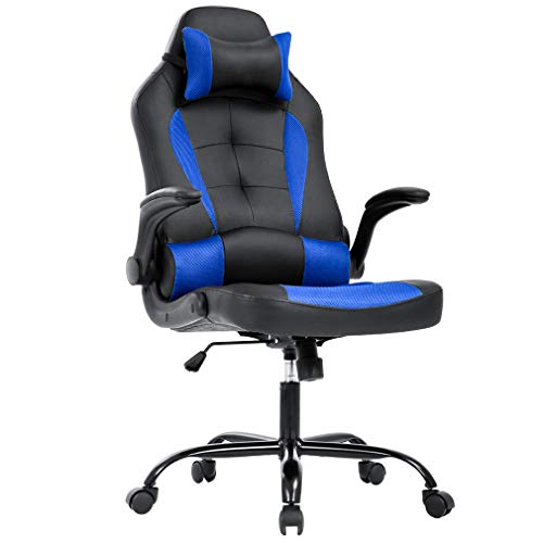 Gaming Chair Office Chair Desk Chair with Lumbar Support Flip Up Arms Headrest PU Leather Swivel Rolling Adjustable High Back Racing Computer Chair for Women Men Adults,Blue