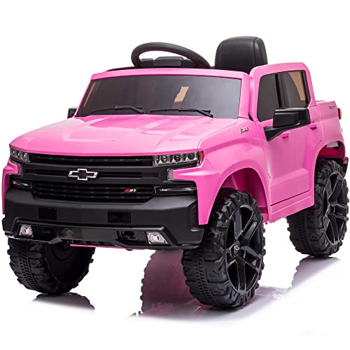 Kidzone 12V Battery Powered Licensed Chevrolet Silverado Trail Boss LT Kids Ride On Truck Car Electric Vehicle Jeep with Remote Control, MP3, LED Lights - Pink