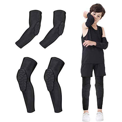 Rejolly Knee and Elbow Pads for Kids 4 PCS Youth Honeycomb Compression Sleeves Pads Guards Sports Protective Gear for Basketball, Baseball, Football, Volleyball, Wrestling, Cycling