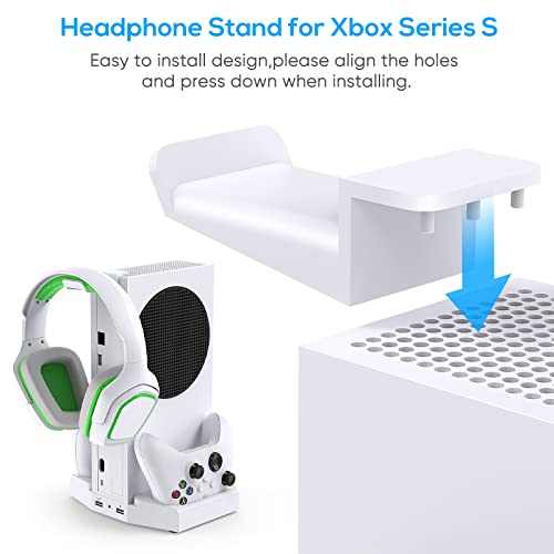 Vertical Cooling Stand with Suction Cooling Fan& Dual Controller Charger Station for Xbox Series S, Cooling Station with 3 Levels Adjustable Fan Speed Cooling System, Headset Stand and Extra USB Ports