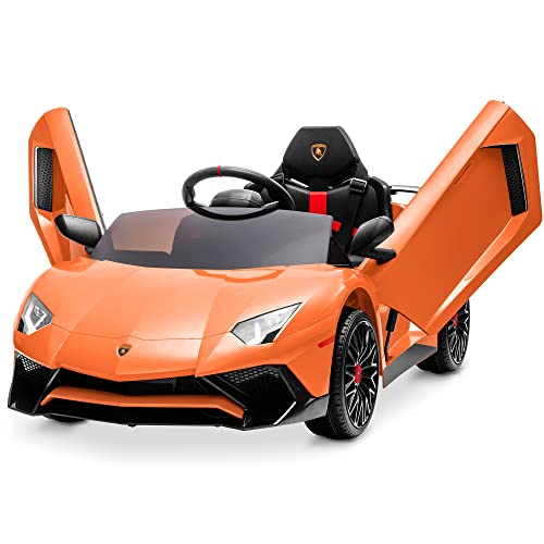 Kidzone Kids Electric Ride On 12V Licensed Lamborghini Aventador Battery Powered Sports Car Toy with 2 Speeds, Parent Control, Sound System, LED Headlights & Hydraulic Doors - Orange