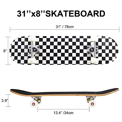 Pwigs Pretty&Popular Pro Complete Skateboards for Beginners Adults Youths Teens Kids Girls Boys 31"x8" Skate Boards Canadian Maple Double Kick Concave Longboards with T Tools(Check)