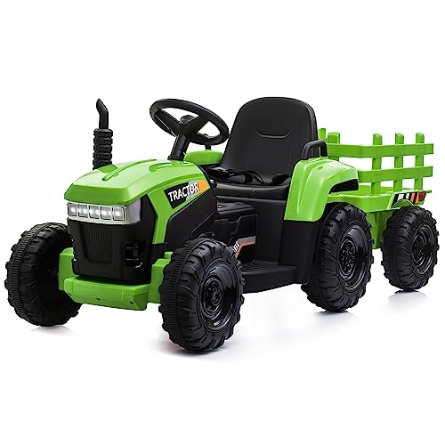 TOBBI 12v Battery-Powered Toy Tractor with Trailer and 35W Dual Motors,3-Gear-Shift Ground Loader Ride On with LED Lights and USB Audio Functions, Green