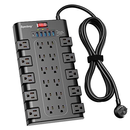 Power Strip, SUPERDANNY Surge Protector with 22 AC Outlets and 6 USB Charging Ports, 1875W/15A, 2100 Joules, 6.5Ft Flat Plug Heavy Duty Extension Cord for Home, Office, Dorm, Gaming Room, Black