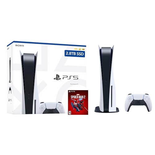 PlayStation 5 Enhanced Storage 2.8TB Disc Version Console - PS5 Disc Console with 2.8TB Ultra-High Speed PCIe Gen 4 NVNe SSD, DS Controller, Case, White, with Spider-Man2 Voucher [video game]