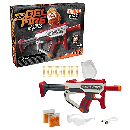 Nerf Pro Gelfire Mythic Full Auto Blaster & 10,000 Gelfire Rounds, 800 Round Hopper, Rechargeable Battery, Eyewear, Ages 14 & Up