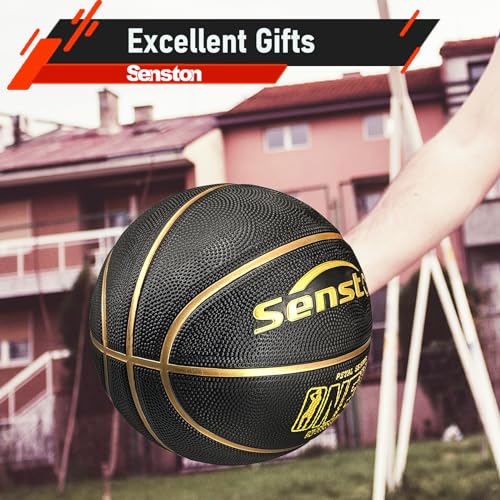 Senston 29.5'' Basketball Outdoor Indoor Rubber Basketball Ball Official Size 7 Street Basketball with Pump Black/Gold