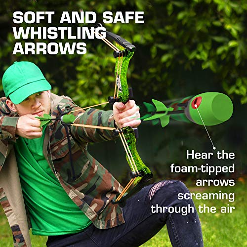 Zing HyperStrike Bow Archer Pack, 1 Clear Green Bow, 6 Green Zonic Whistle Arrows and 1 Set of Orange Bungee, Shoots Arrows Up to 250 Feet