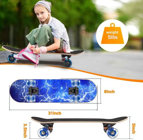 GIEEU Skateboards with Colorful Flashing Wheels for Beginners,Kids,Teens,Adults,31 x 8 Inch Complete Standard Skate Boards 9 Layer Canadian Maple Deck Concave Skateboard