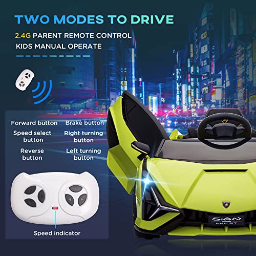 Aosom Lamborghini SIAN Licensed Kids Ride On Car, 12V Battery Powered Electric Sports Car Toy with Remote Control, Horn, Music, & Headlights for 3-5 Years Old， Green