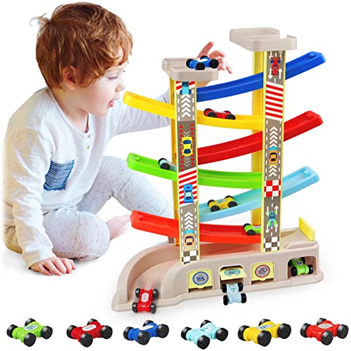 Montessori Toys for 2 3 Year Old Boys Toddlers, Car Ramp Toys with 6 Cars & Race Tracks, Garages and Parking Lots, Ramp Racer Toy Gift for Boys Girls Age 18 Months and Up Multicolor