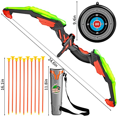 TEMI Kids Bow and Arrow Set - LED Light Up Archery Toy Set with 10 Suction Cup Arrows, Target & Quiver, Indoor and Outdoor Toys for Children Boys Girls