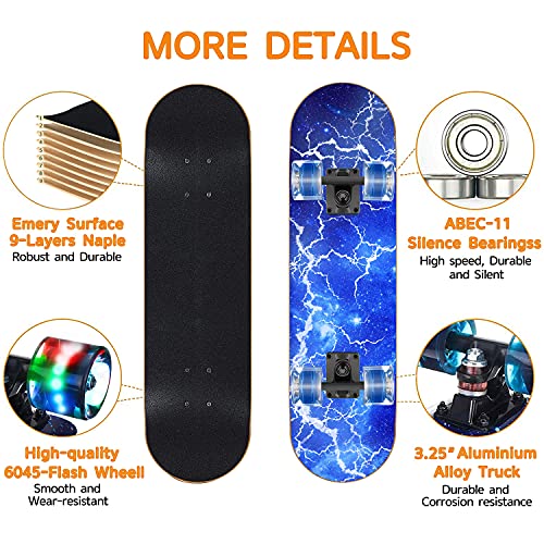 GIEEU Skateboards with Colorful Flashing Wheels for Beginners,Kids,Teens,Adults,31 x 8 Inch Complete Standard Skate Boards 9 Layer Canadian Maple Deck Concave Skateboard