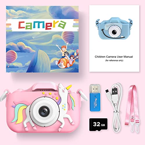 Goopow Kids Camera Toys for 3-8 Year Old Girls,Children Digital Video Camcorder Camera with Unicorn Soft Silicone Cover, Best Christmas Birthday Festival Gift for Kids - 32G SD Card Included