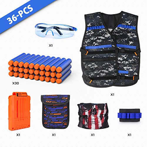 Kids Tactical Vest Kit for Nerf Guns Series with Refill Darts,Dart Pouch, Reload Clips, Tactical Mask, Wrist Band and Protective Glasses, Toys for 8 9 10 11 12 Year Boys