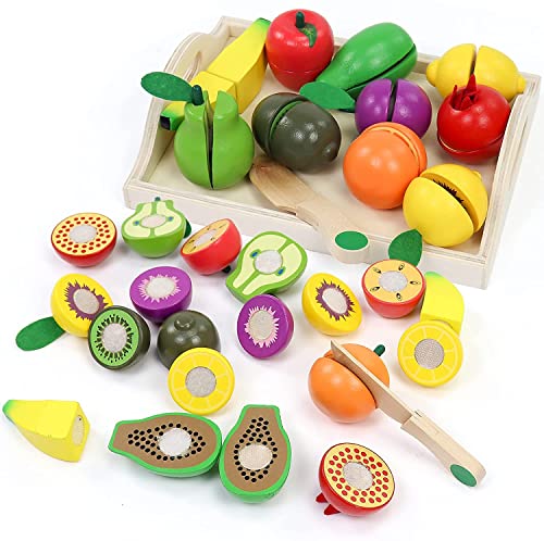 Wooden Play Food Sets for Toddlers Kitchen Accessories Cutting Montessori Toys for 2 Year Old Kids Pretend Play Fake Fruit Vegetable Toddler Toys 2-3 4 Years Girls Boys Christmas Birthday Gifts