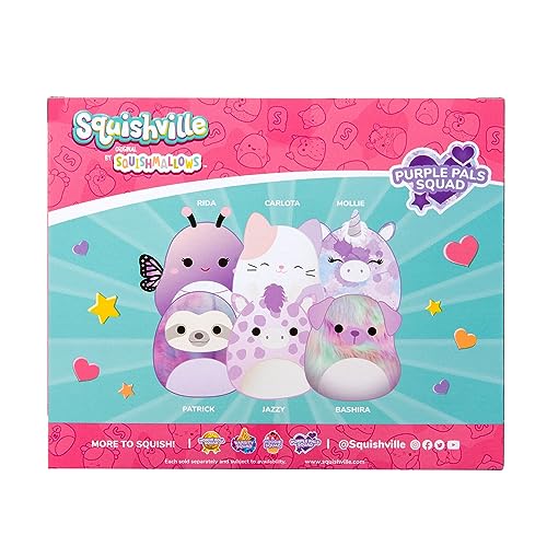 Squishville by Original Squishmallows Purple Pals Squad Plush - Six 2-Inch Squishmallows Plush Including Bashira, Mollie, Carlota, Patrick, Rida, and Jazzy - Toys for Kids