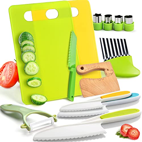 13 Pieces Montessori Kitchen Tools for Toddlers-Kids Cooking Sets Real-Toddler Safe Knives Set for Real Cooking with Plastic Toddler Safe Knives Crinkle Cutter Kids Cutting Board