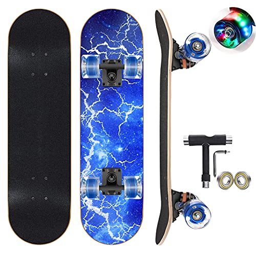 GIEEU Skateboards with Colorful Flashing Wheels for Beginners,Kids,Teens,Adults,31 x 8 Inch Complete Standard Skate Boards 9 Layer Canadian Maple Deck Concave Skateboard