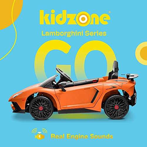 Kidzone Kids Electric Ride On 12V Licensed Lamborghini Aventador Battery Powered Sports Car Toy with 2 Speeds, Parent Control, Sound System, LED Headlights & Hydraulic Doors - Orange