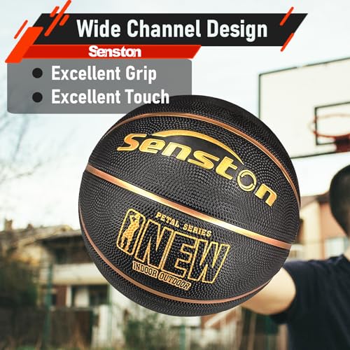 Senston 29.5'' Basketball Outdoor Indoor Rubber Basketball Ball Official Size 7 Street Basketball with Pump Black/Gold