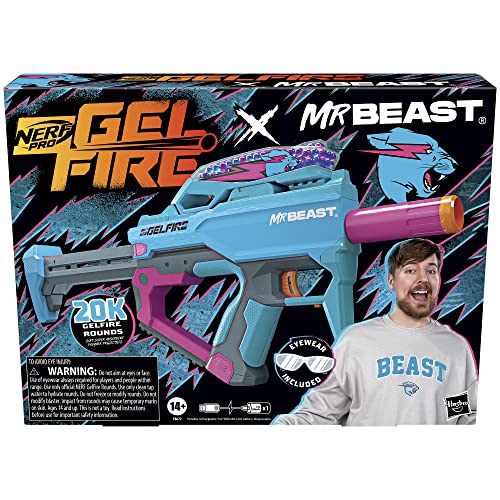 Nerf Pro Gelfire X MrBeast Full Auto Blaster & 20,000 Gelfire Rounds, 300 Round Hopper, Rechargeable Battery, Eyewear, Ages 14 & Up