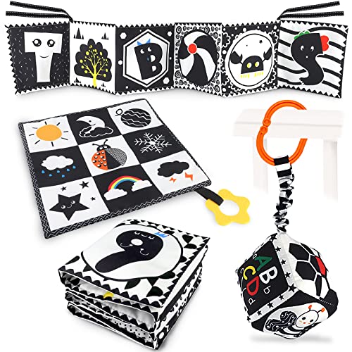 KUANGO 3 Pcs Black and White High Contrast Baby Toys 0-3 Months for Newborn, Montessori Toys for Babies Sensory Soft Book for Early Education, Infant Tummy Time Toys 0 6 9 Months Baby Essentials Gifts