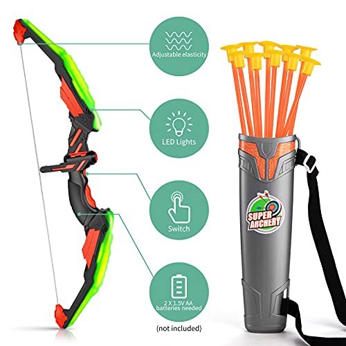 TEMI Kids Bow and Arrow Set - LED Light Up Archery Toy Set with 10 Suction Cup Arrows, Target & Quiver, Indoor and Outdoor Toys for Children Boys Girls