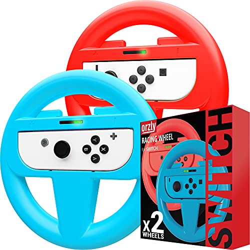 Orzly Steering Wheels for Nintendo Switch & OLED JoyCons, Racing Wheels for Mario Kart 8 Deluxe [Mariokart Switch Steering Wheel Joycon Controller Attachment Accessories] - TWIN PACK[1x Red & 1x Blue]