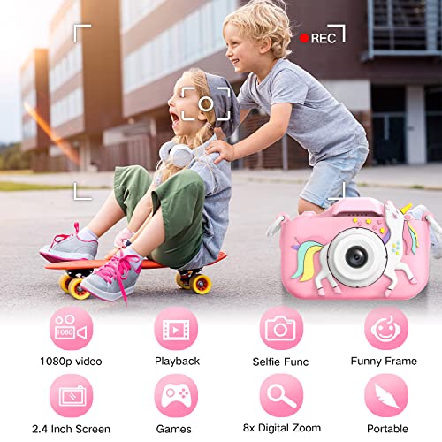 Goopow Kids Camera Toys for 3-8 Year Old Girls,Children Digital Video Camcorder Camera with Unicorn Soft Silicone Cover, Best Christmas Birthday Festival Gift for Kids - 32G SD Card Included