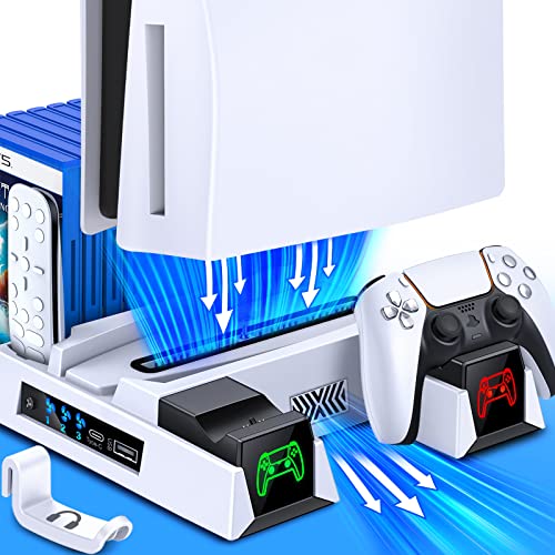 EUROA Stand Cooling Fan with Controller Charging Station for Playstation 5, Cooling Station Accessories for PS5 Console Digital&Disc Edition, Docking Station for PS5, Headset Holder, 11 Slots-White