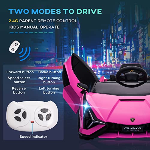 Aosom Lamborghini SIAN Licensed Kids Ride On Car, 12V Battery Powered Electric Sports Car Toy with Remote Control, Horn, Music, & Headlights for 3-5 Years Old， Pink