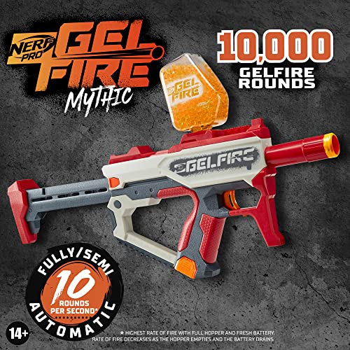 Nerf Pro Gelfire Mythic Full Auto Blaster & 10,000 Gelfire Rounds, 800 Round Hopper, Rechargeable Battery, Eyewear, Ages 14 & Up