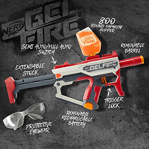 Nerf Pro Gelfire Mythic Full Auto Blaster & 10,000 Gelfire Rounds, 800 Round Hopper, Rechargeable Battery, Eyewear, Ages 14 & Up