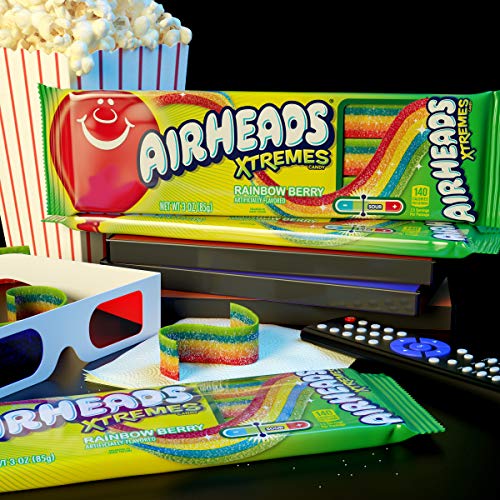 Airheads Xtremes Belts, Rainbow Berry Flavor, Sweetly Sour Candy, Non Melting, Bulk Movie Theater and Party Bag, 3 Ounce (Pack of 12)