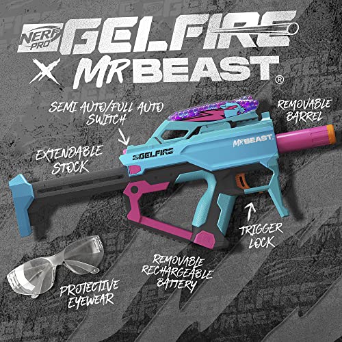 Nerf Pro Gelfire X MrBeast Full Auto Blaster & 20,000 Gelfire Rounds, 300 Round Hopper, Rechargeable Battery, Eyewear, Ages 14 & Up