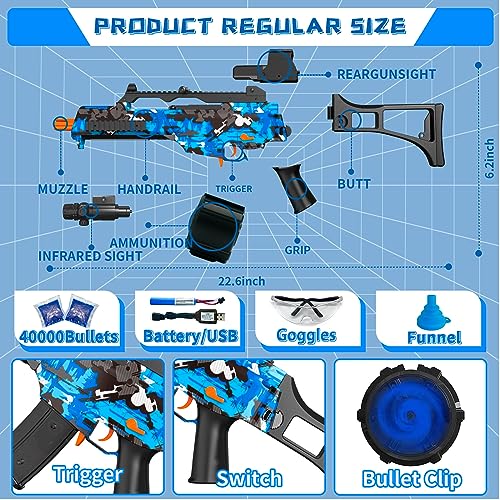 Electric Gel Ball Blaster, High Speed Automatic Splatter Ball Blaster with 40000+ Water Beads and Goggles, JIFTOK Rechargeable Splatter Ball Toys for Outdoor Activities Shooting Game Party Favors