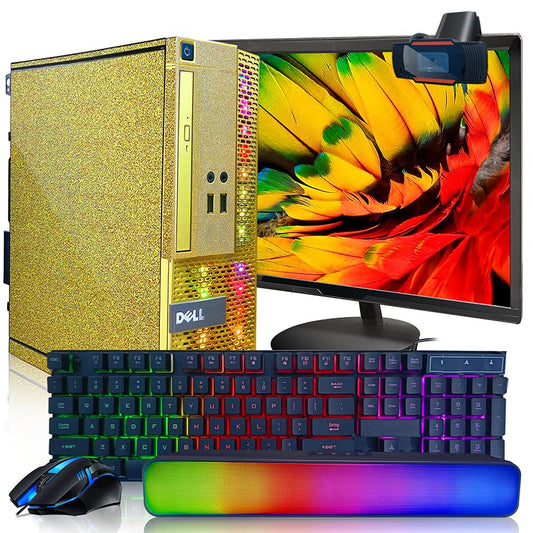 PC Gold Treasure Box RGB Dell Desktop Quad Core I5 up to 3.6G, 16G, 512G SSD, WiFi, Bluetooth 4.0, RGB Gaming Keyboard & Mouse, DVD, New 22" 1080 FHD LED, RGB Sound Bar, Webcam, Win 10 Pro (Renewed)