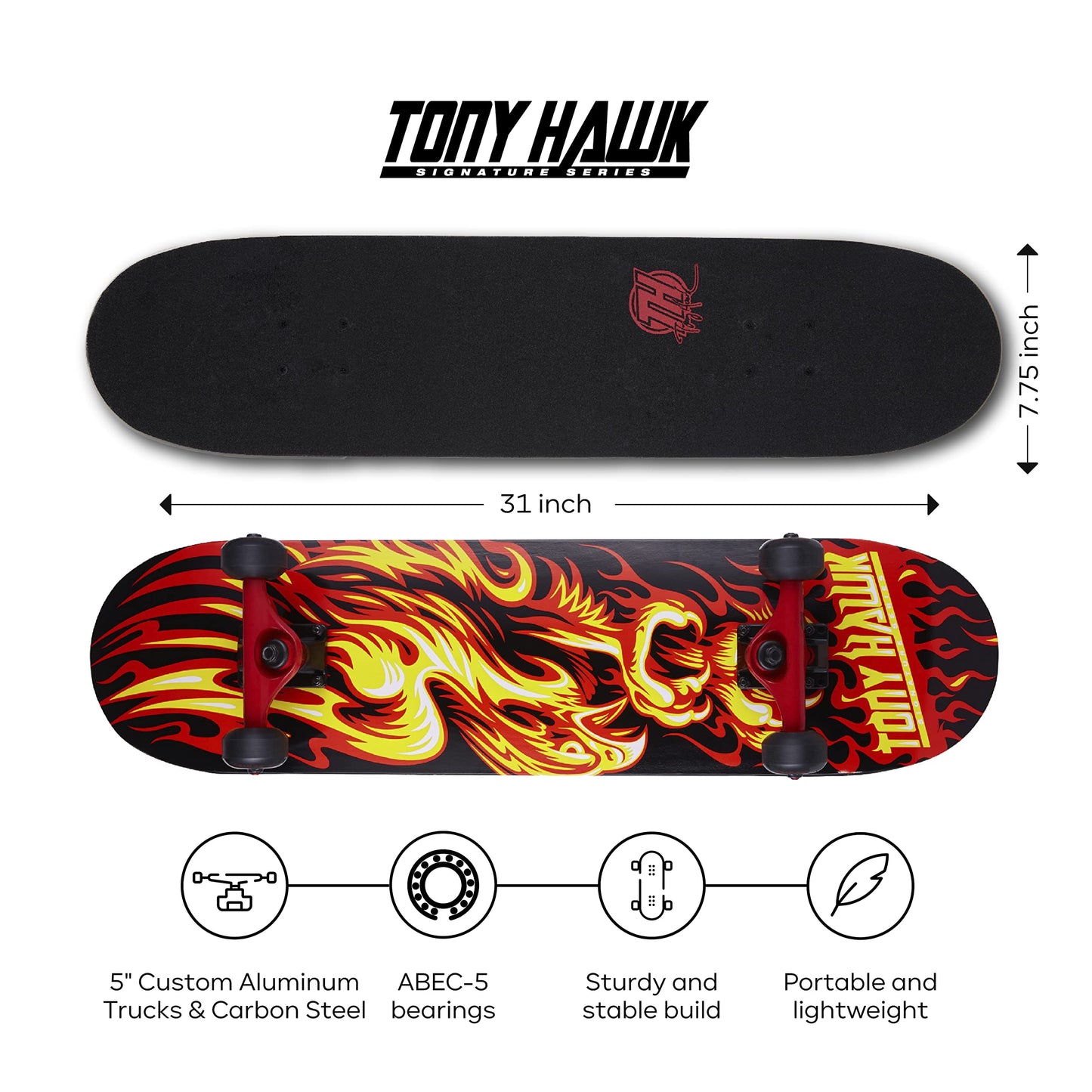 Tony Hawk 31 inch Skateboard, Tony Hawk Signature Series 4, 9-ply Maple Deck Skateboard for Cruising, Carving, Tricks and Downhill, Flame Hawk